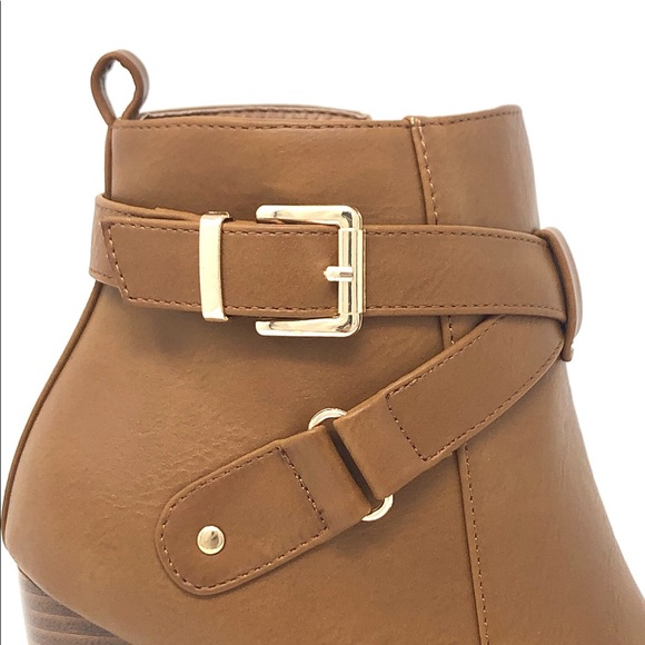 Cognac Tan Vegan Leather Buckle Ankle Boots - Picture 5 of 12